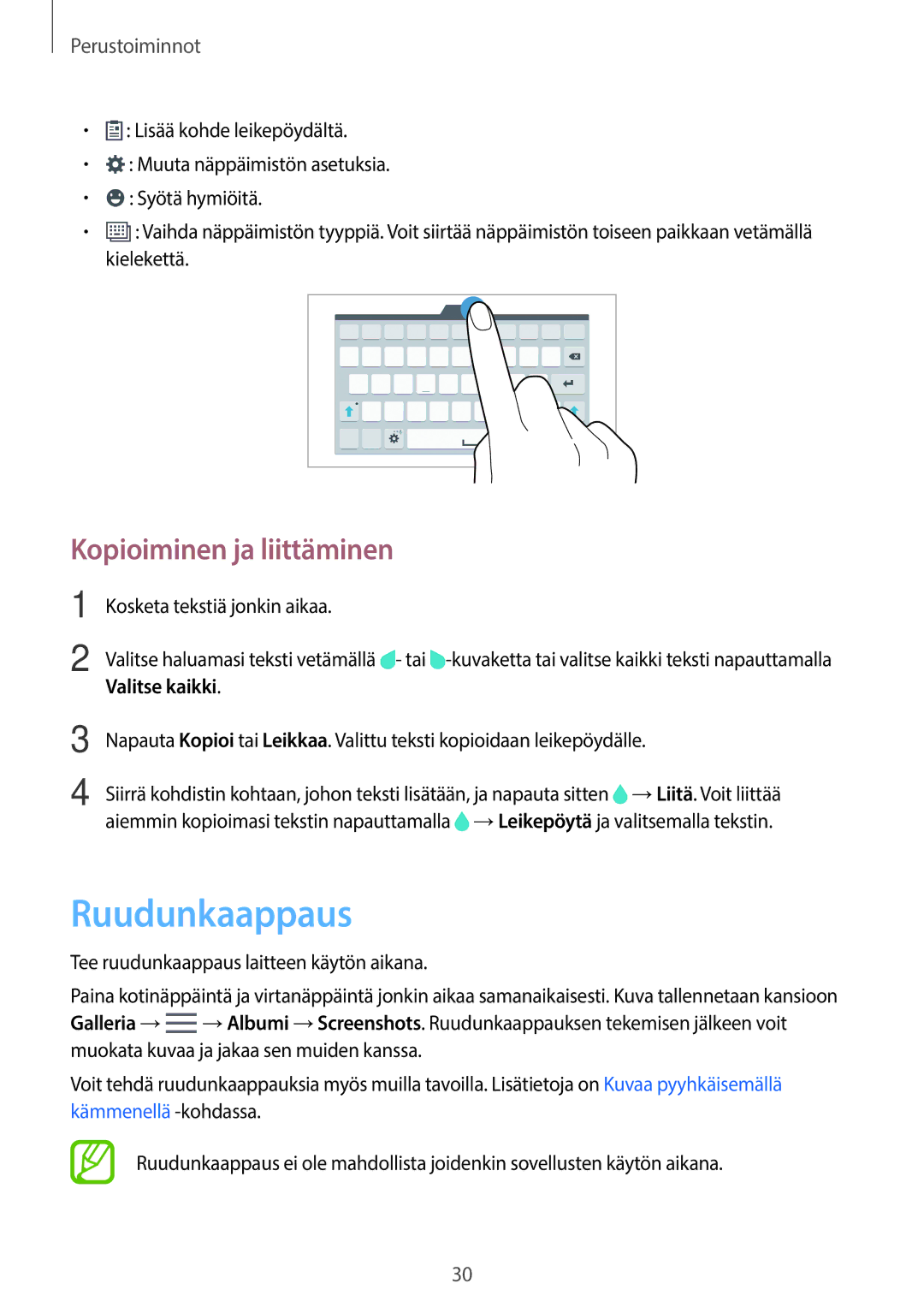 Samsung SM-T700NLSANEE manual Ruudunkaappaus, Kopioiminen ja liittäminen, Kosketa tekstiä jonkin aikaa, Valitse kaikki 