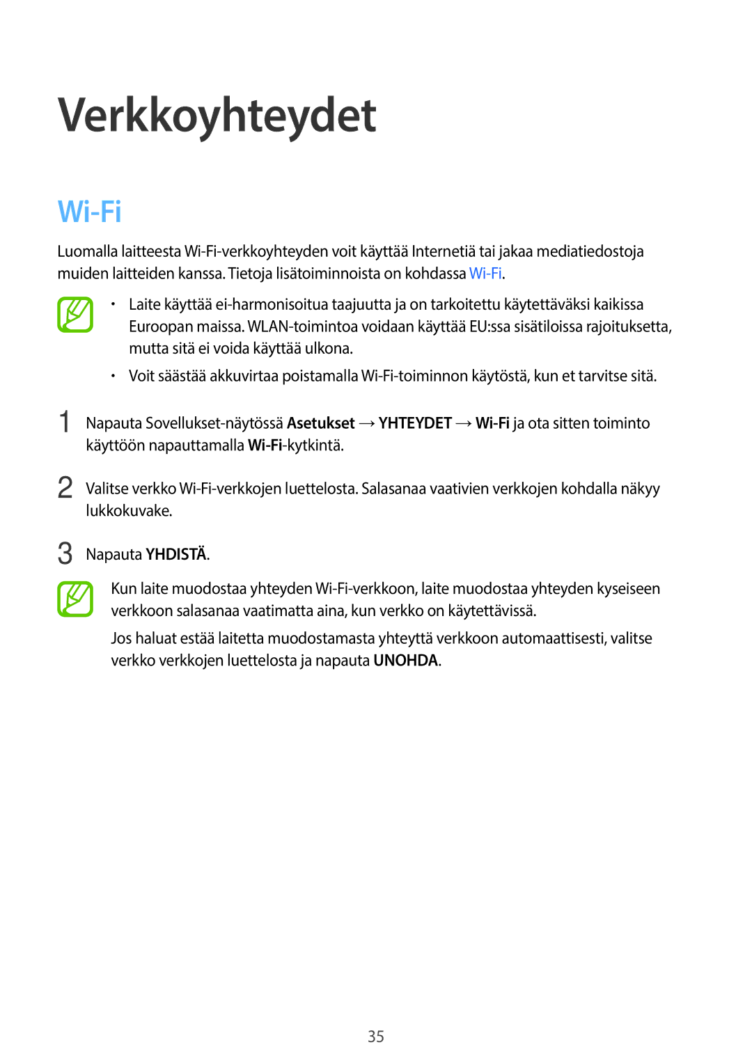 Samsung SM-T700NHAANEE, SM-T700NTSANEE, SM-T700NZWANEE, SM-T700NLSANEE manual Verkkoyhteydet, Wi-Fi 