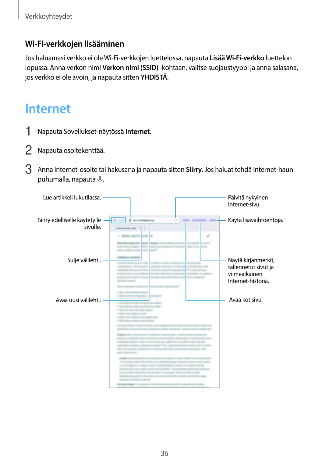 Samsung SM-T700NTSANEE manual Wi-Fi-verkkojen lisääminen, Napauta Sovellukset-näytössä Internet, Napauta osoitekenttää 