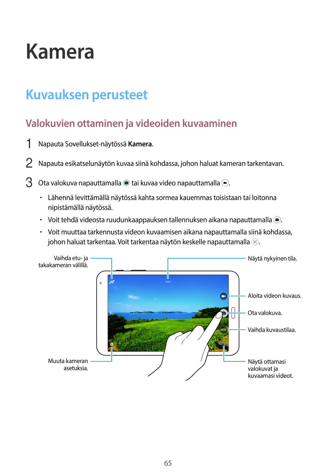Samsung SM-T700NZWANEE, SM-T700NTSANEE manual Kamera, Kuvauksen perusteet, Valokuvien ottaminen ja videoiden kuvaaminen 
