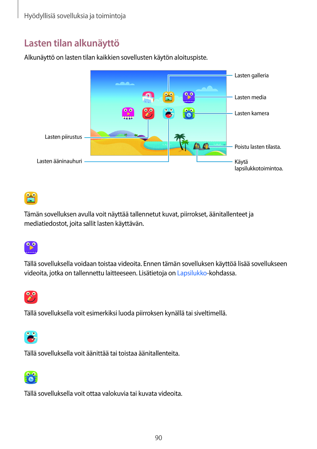 Samsung SM-T700NLSANEE, SM-T700NTSANEE, SM-T700NZWANEE, SM-T700NHAANEE manual Lasten tilan alkunäyttö 