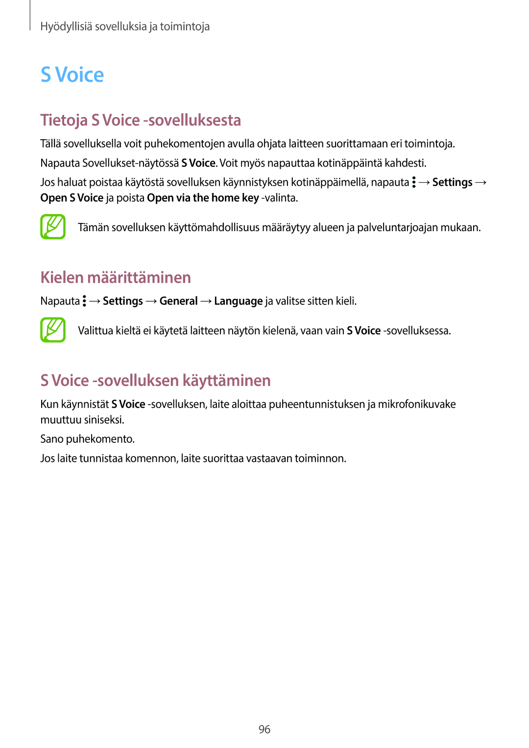 Samsung SM-T700NTSANEE manual Tietoja S Voice -sovelluksesta, Kielen määrittäminen, Voice -sovelluksen käyttäminen 