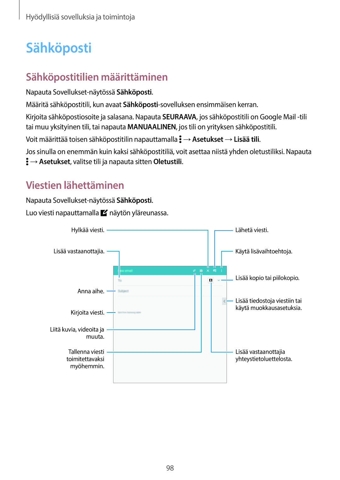 Samsung SM-T700NLSANEE, SM-T700NTSANEE, SM-T700NZWANEE manual Sähköpostitilien määrittäminen, Viestien lähettäminen 