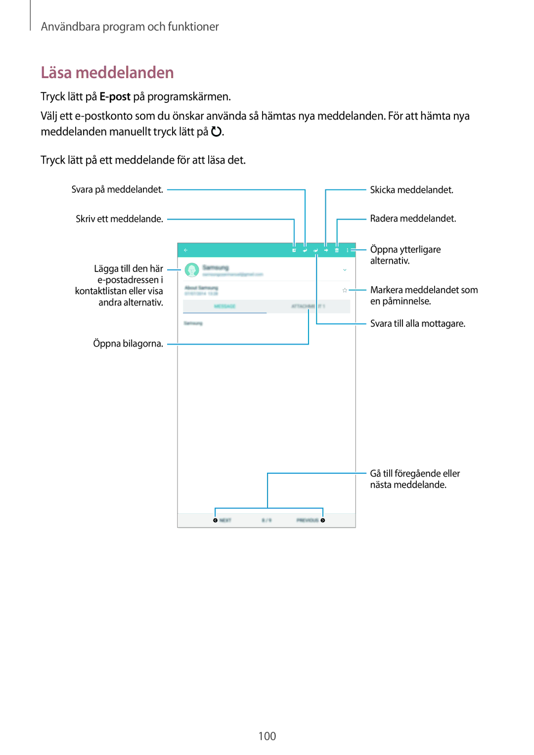 Samsung SM-T700NTSANEE, SM-T700NZWANEE, SM-T700NLSANEE, SM-T700NHAANEE manual Läsa meddelanden 