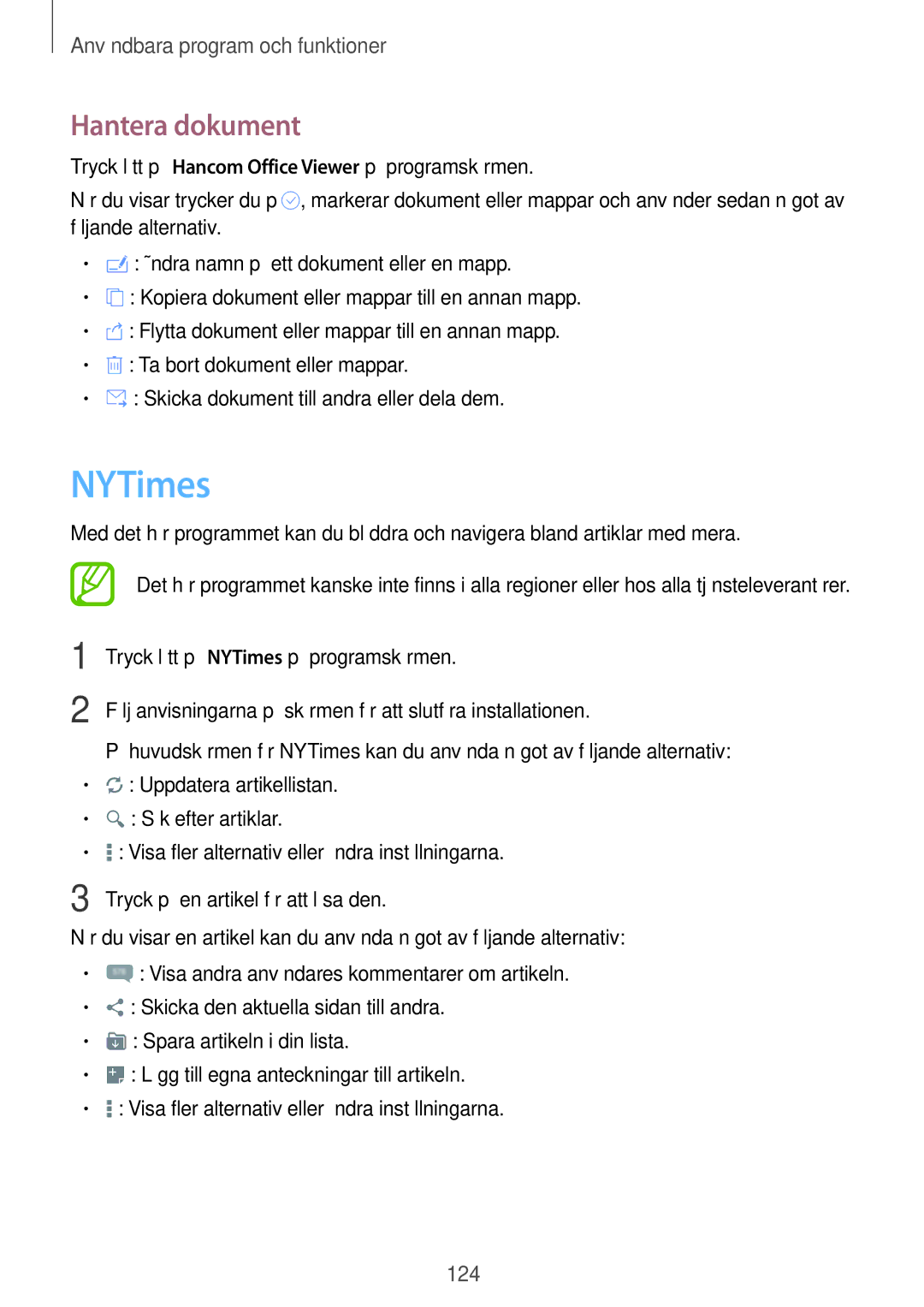 Samsung SM-T700NTSANEE, SM-T700NZWANEE, SM-T700NLSANEE manual Hantera dokument, Tryck lätt på NYTimes på programskärmen 