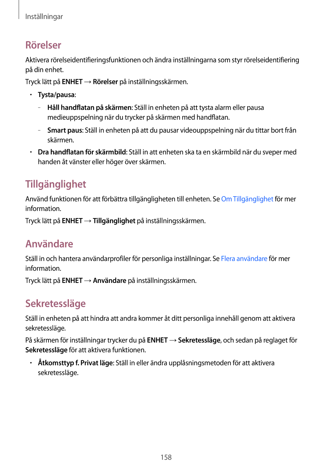 Samsung SM-T700NLSANEE, SM-T700NTSANEE, SM-T700NZWANEE manual Rörelser, Tillgänglighet, Användare, Sekretessläge, Tysta/pausa 