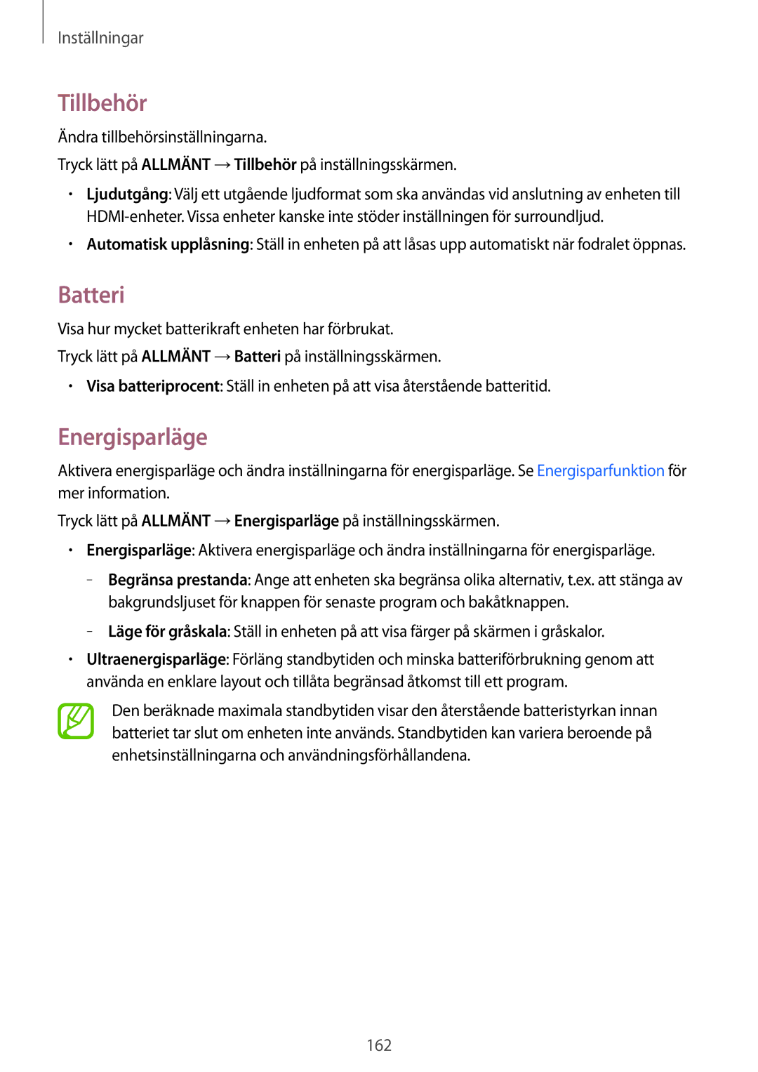 Samsung SM-T700NLSANEE, SM-T700NTSANEE, SM-T700NZWANEE, SM-T700NHAANEE manual Tillbehör, Batteri 