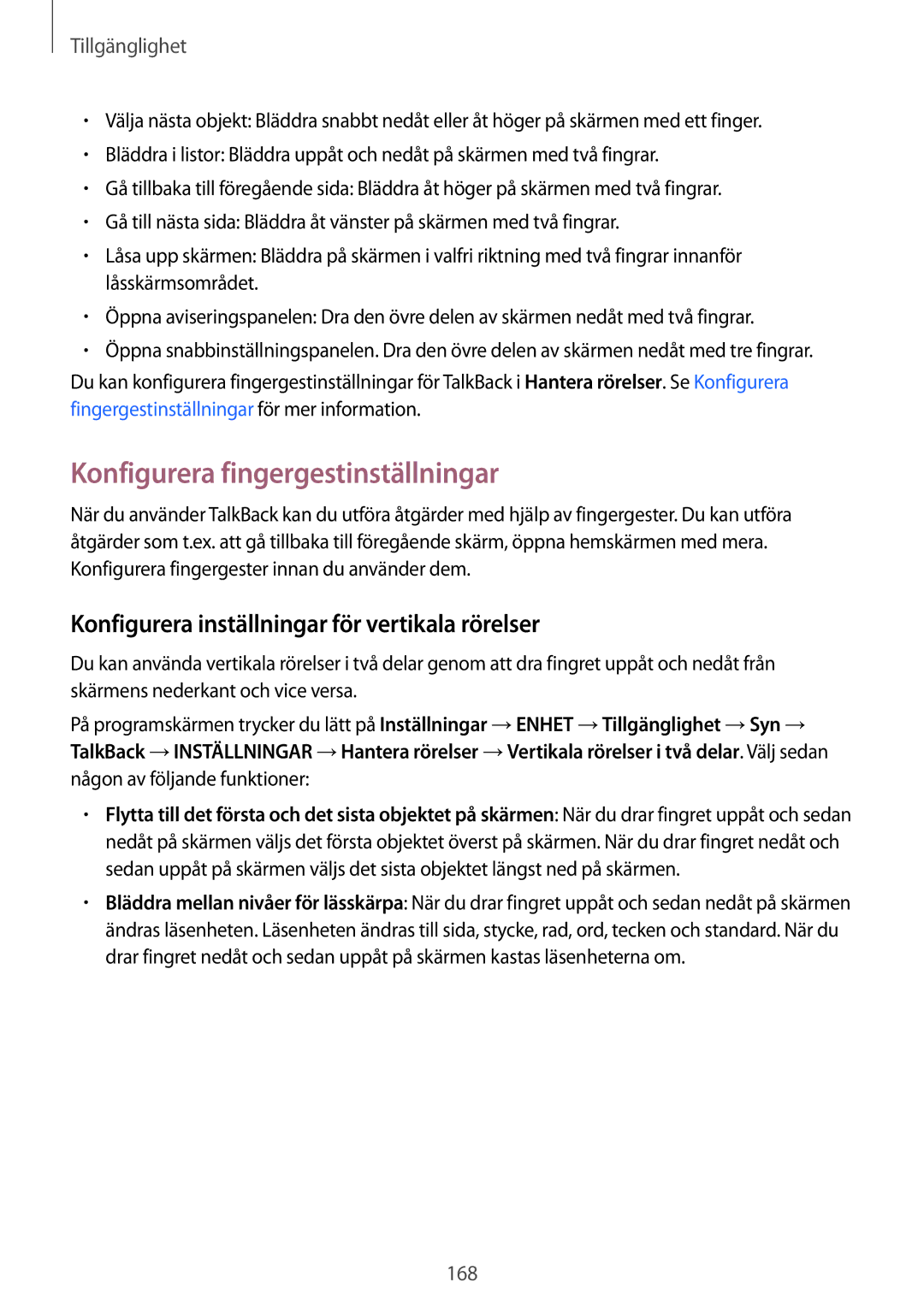 Samsung SM-T700NTSANEE manual Konfigurera fingergestinställningar, Konfigurera inställningar för vertikala rörelser 