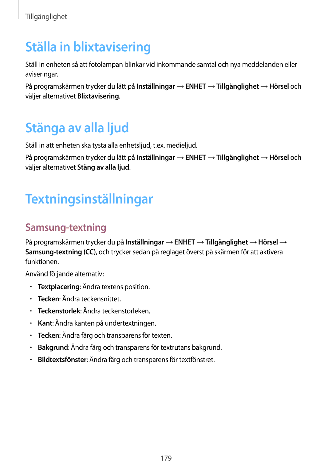 Samsung SM-T700NHAANEE manual Ställa in blixtavisering, Stänga av alla ljud, Textningsinställningar, Samsung-textning 