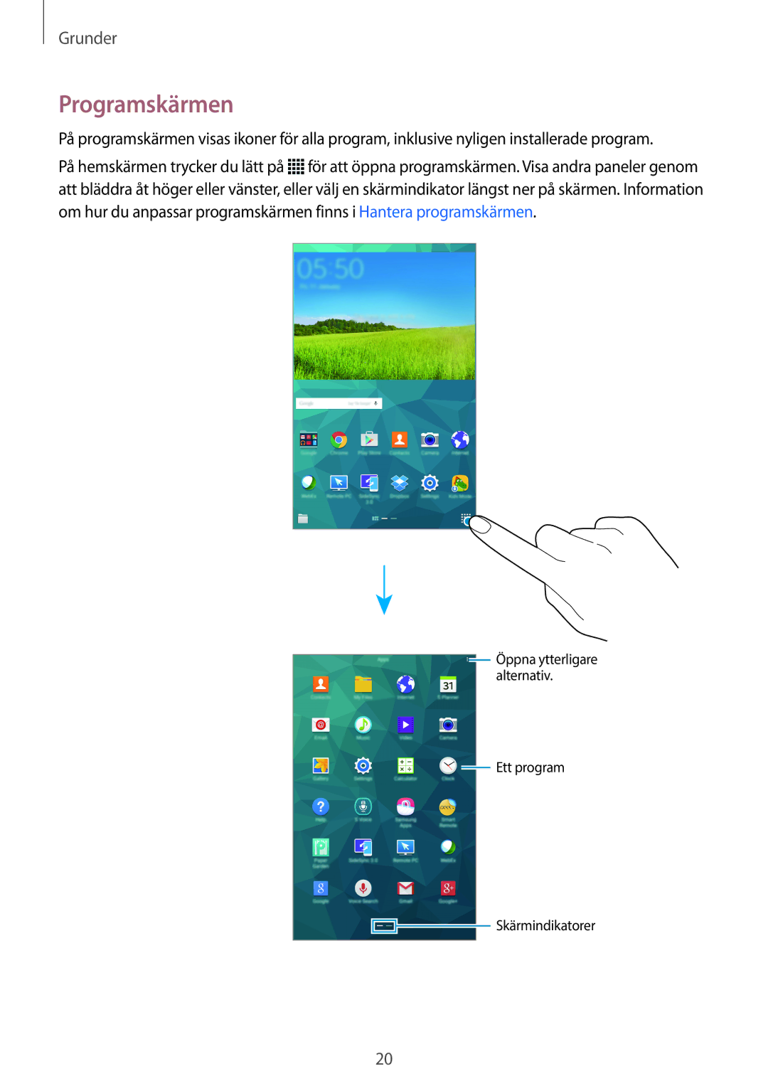 Samsung SM-T700NTSANEE, SM-T700NZWANEE, SM-T700NLSANEE, SM-T700NHAANEE manual Programskärmen 