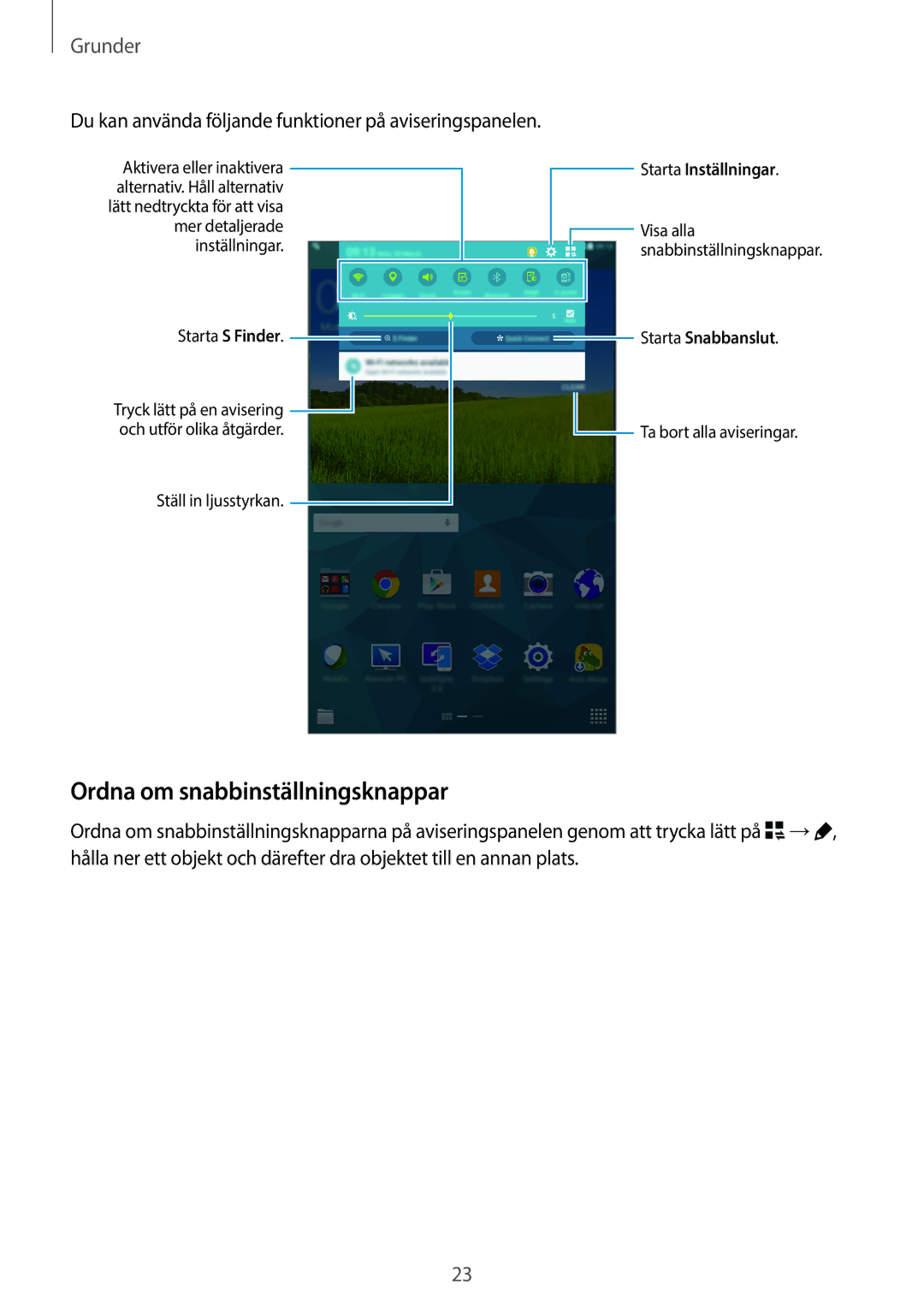 Samsung SM-T700NHAANEE manual Ordna om snabbinställningsknappar, Du kan använda följande funktioner på aviseringspanelen 