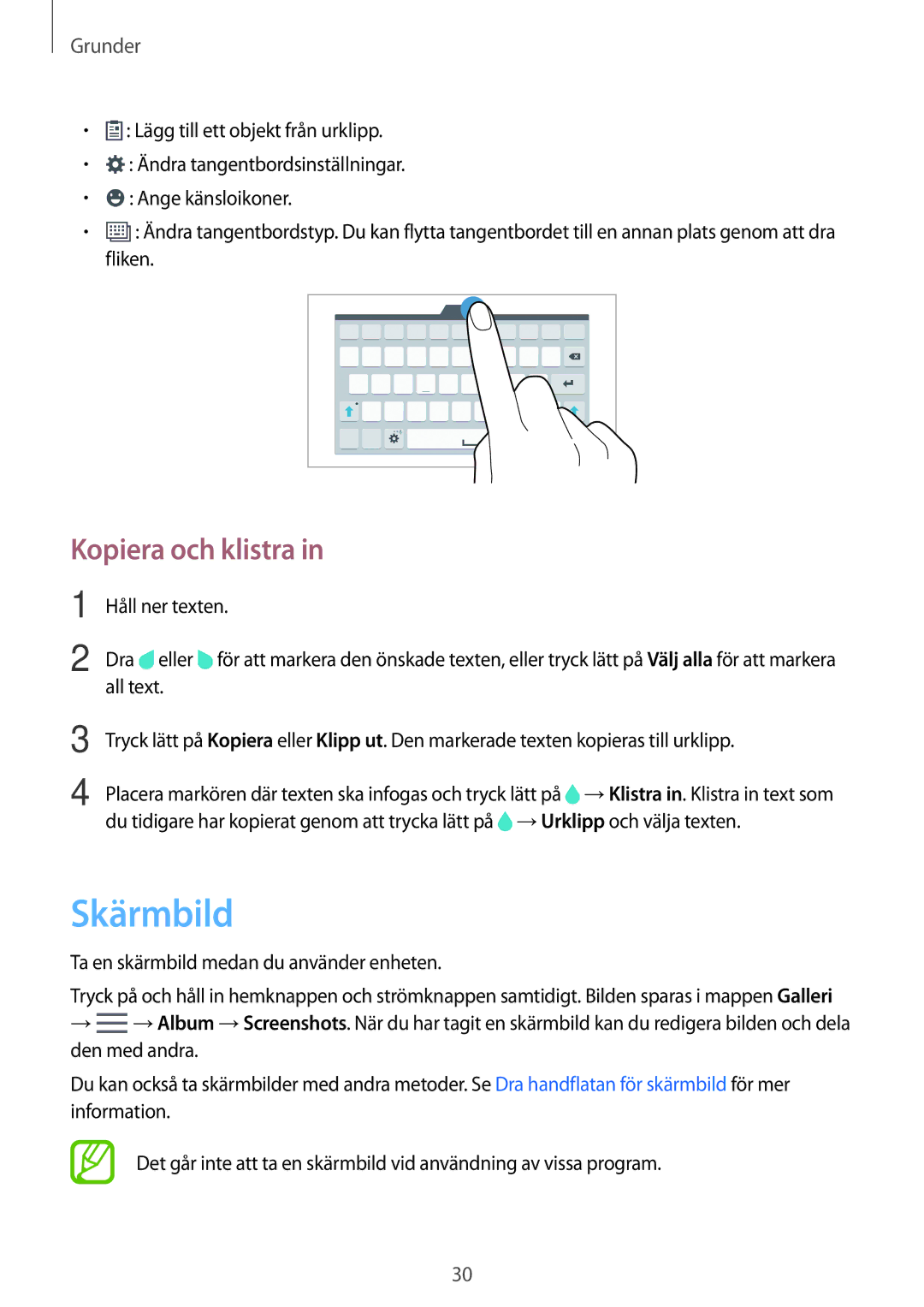 Samsung SM-T700NLSANEE, SM-T700NTSANEE manual Skärmbild, Kopiera och klistra, Ta en skärmbild medan du använder enheten 