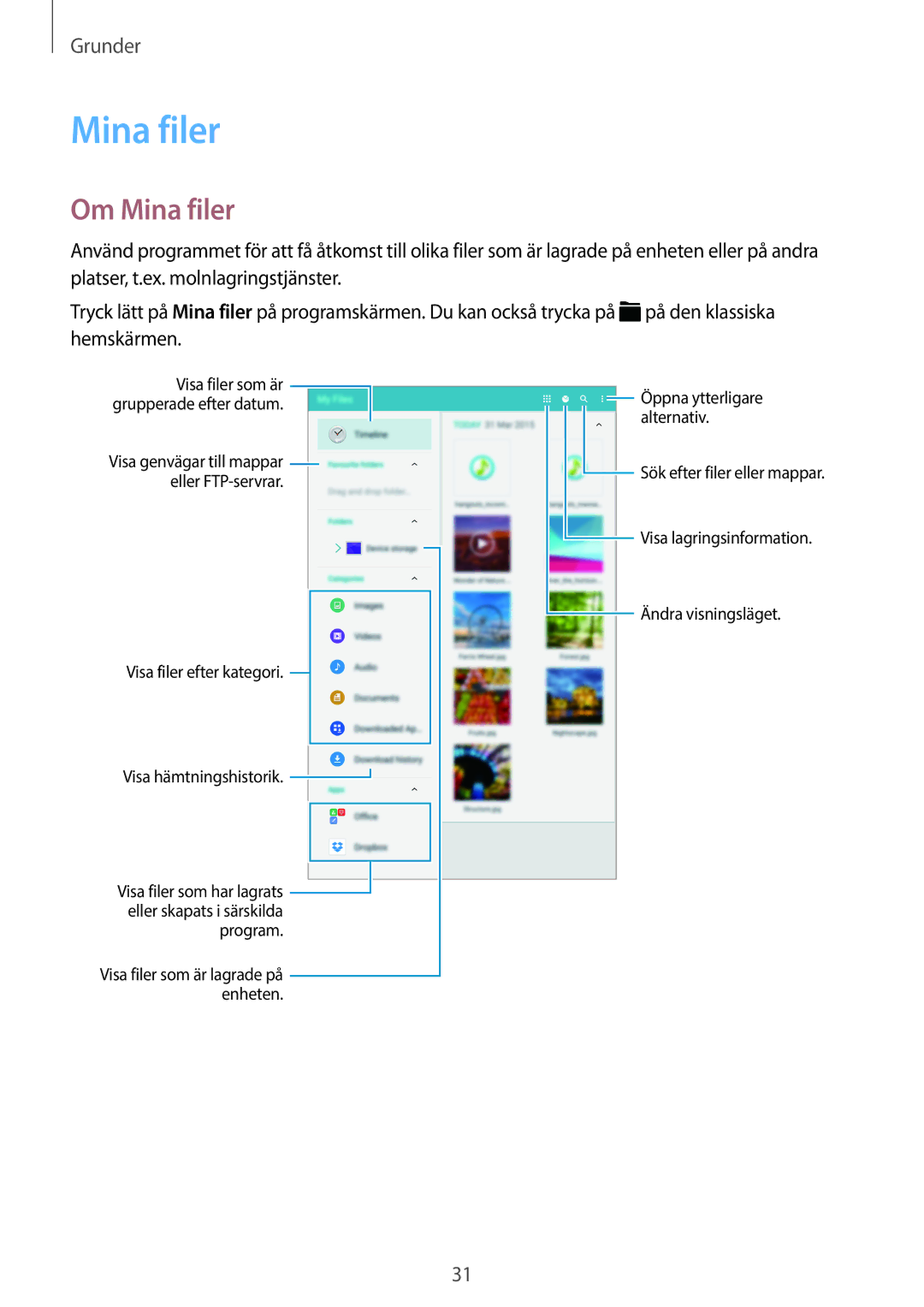 Samsung SM-T700NHAANEE, SM-T700NTSANEE, SM-T700NZWANEE, SM-T700NLSANEE manual Om Mina filer 