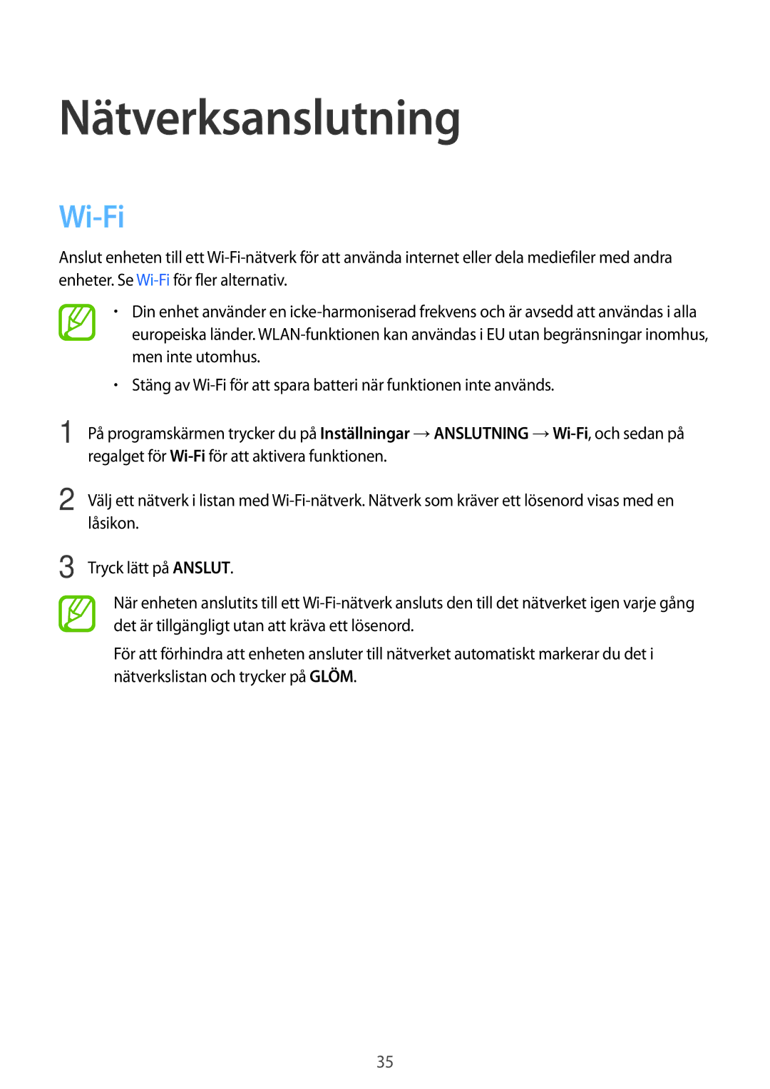 Samsung SM-T700NHAANEE, SM-T700NTSANEE, SM-T700NZWANEE, SM-T700NLSANEE manual Nätverksanslutning, Wi-Fi 