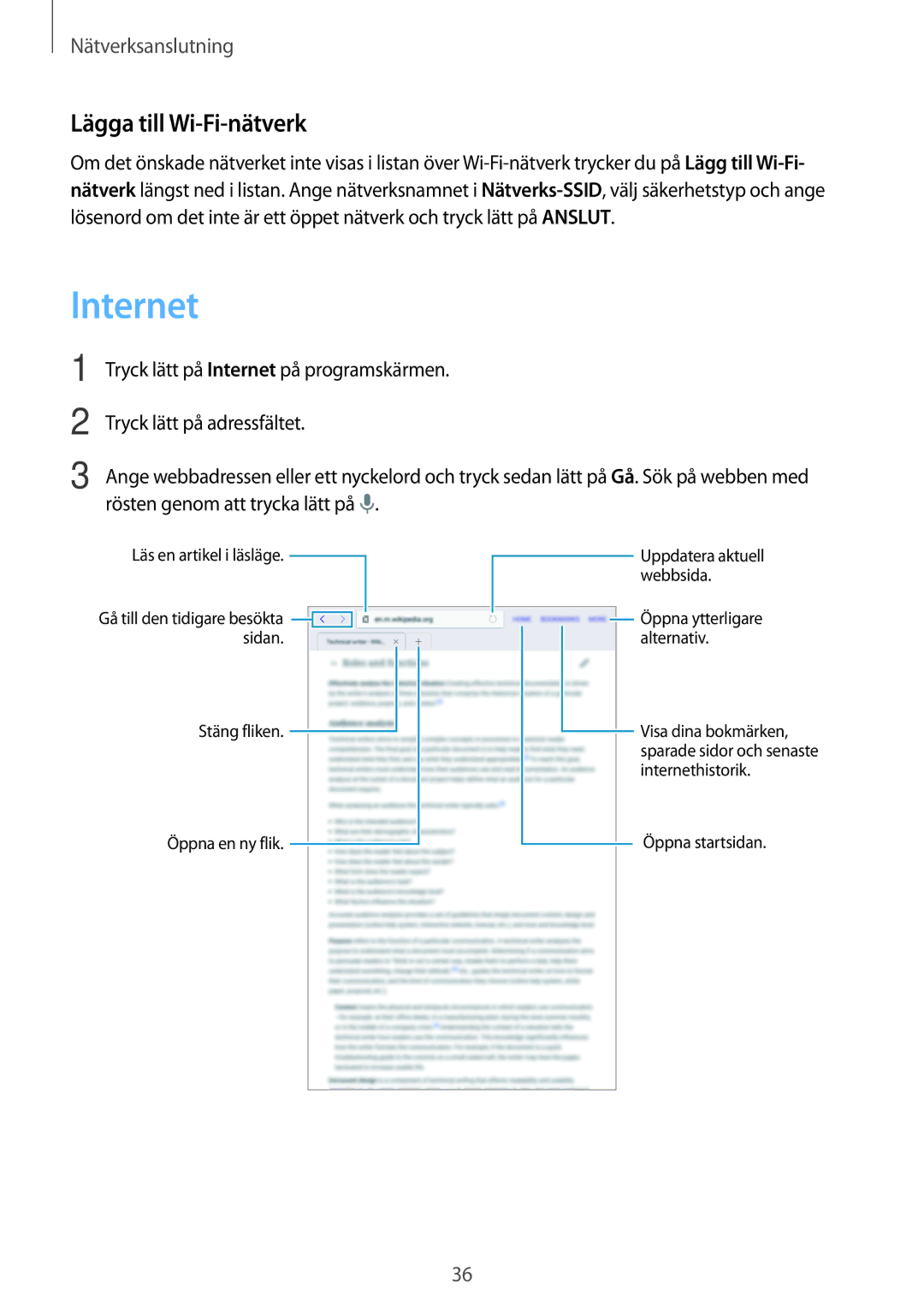 Samsung SM-T700NTSANEE, SM-T700NZWANEE, SM-T700NLSANEE, SM-T700NHAANEE manual Internet, Lägga till Wi-Fi-nätverk 