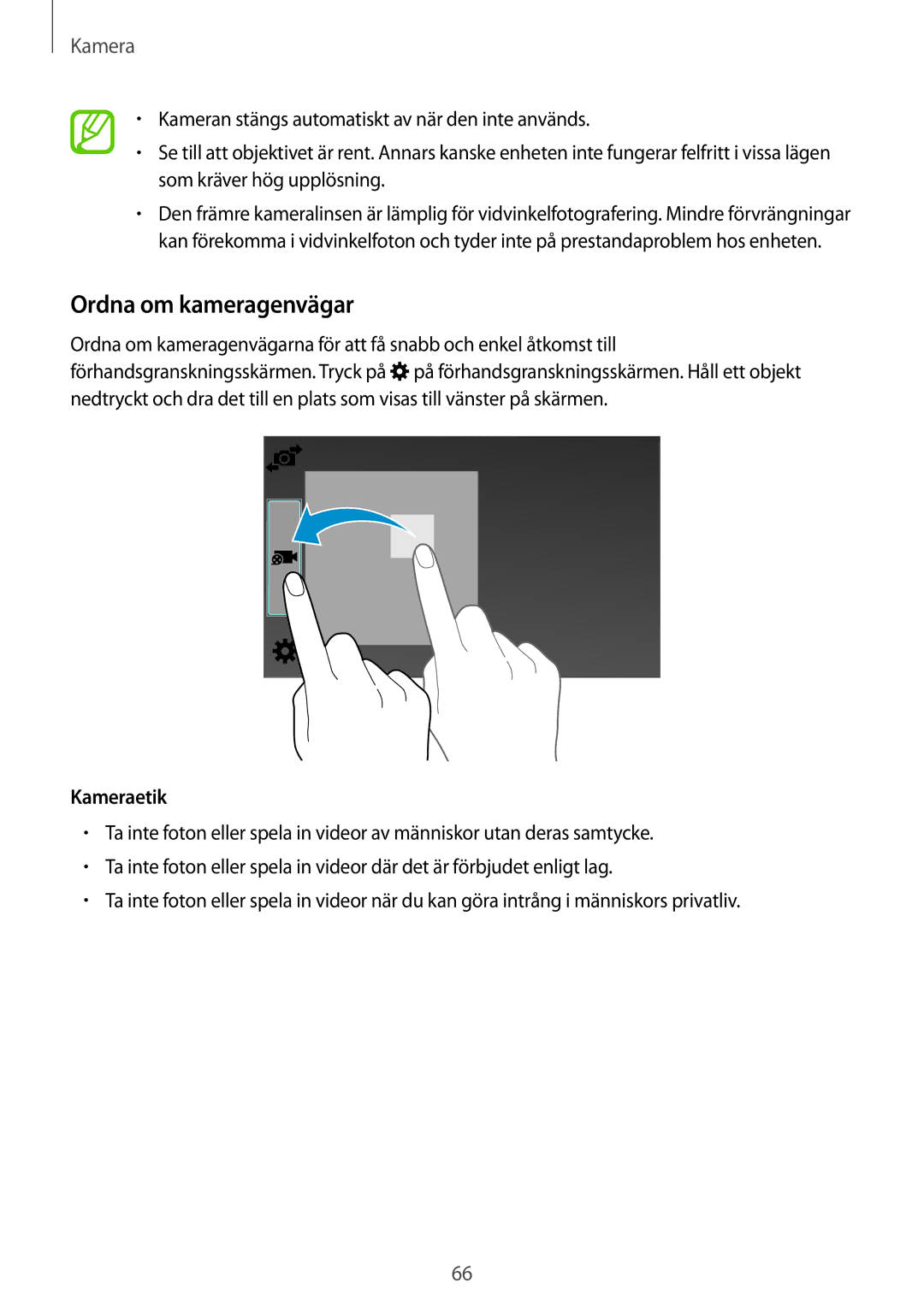 Samsung SM-T700NLSANEE, SM-T700NTSANEE, SM-T700NZWANEE, SM-T700NHAANEE manual Ordna om kameragenvägar, Kameraetik 