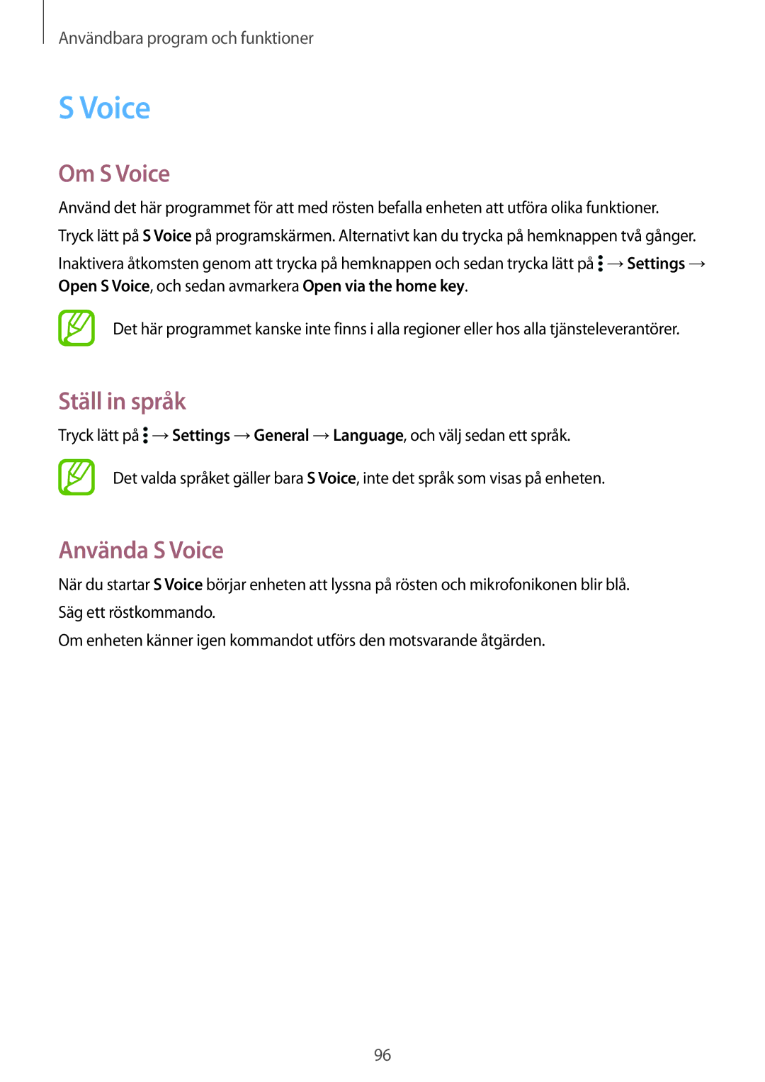 Samsung SM-T700NTSANEE, SM-T700NZWANEE, SM-T700NLSANEE, SM-T700NHAANEE manual Om S Voice, Ställ in språk, Använda S Voice 