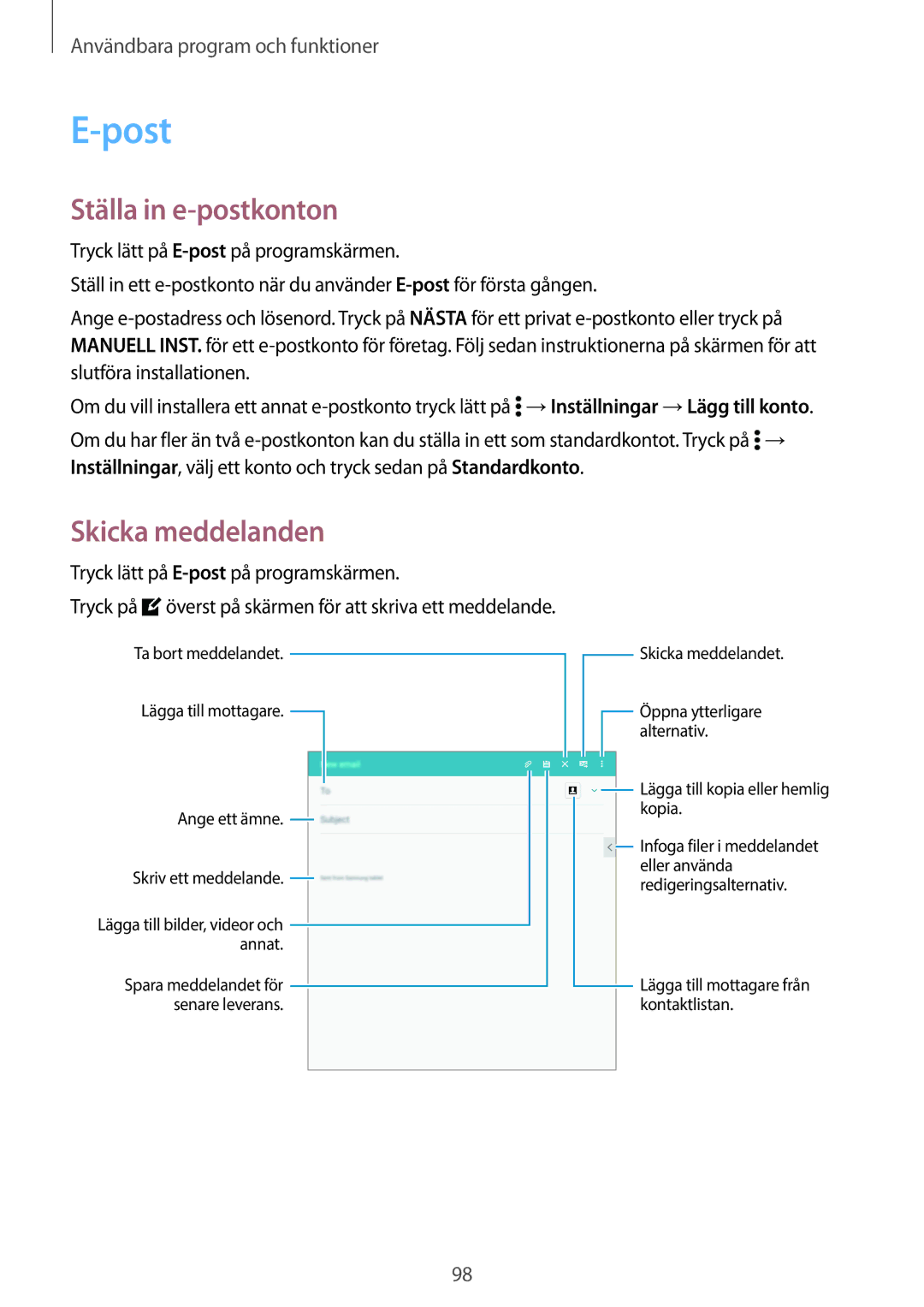 Samsung SM-T700NLSANEE manual Post, Ställa in e-postkonton, Skicka meddelanden, Tryck lätt på E-postpå programskärmen 