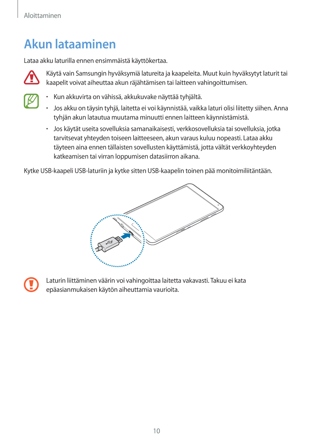 Samsung SM-T700NLSANEE, SM-T700NTSANEE, SM-T700NZWANEE Akun lataaminen, Lataa akku laturilla ennen ensimmäistä käyttökertaa 