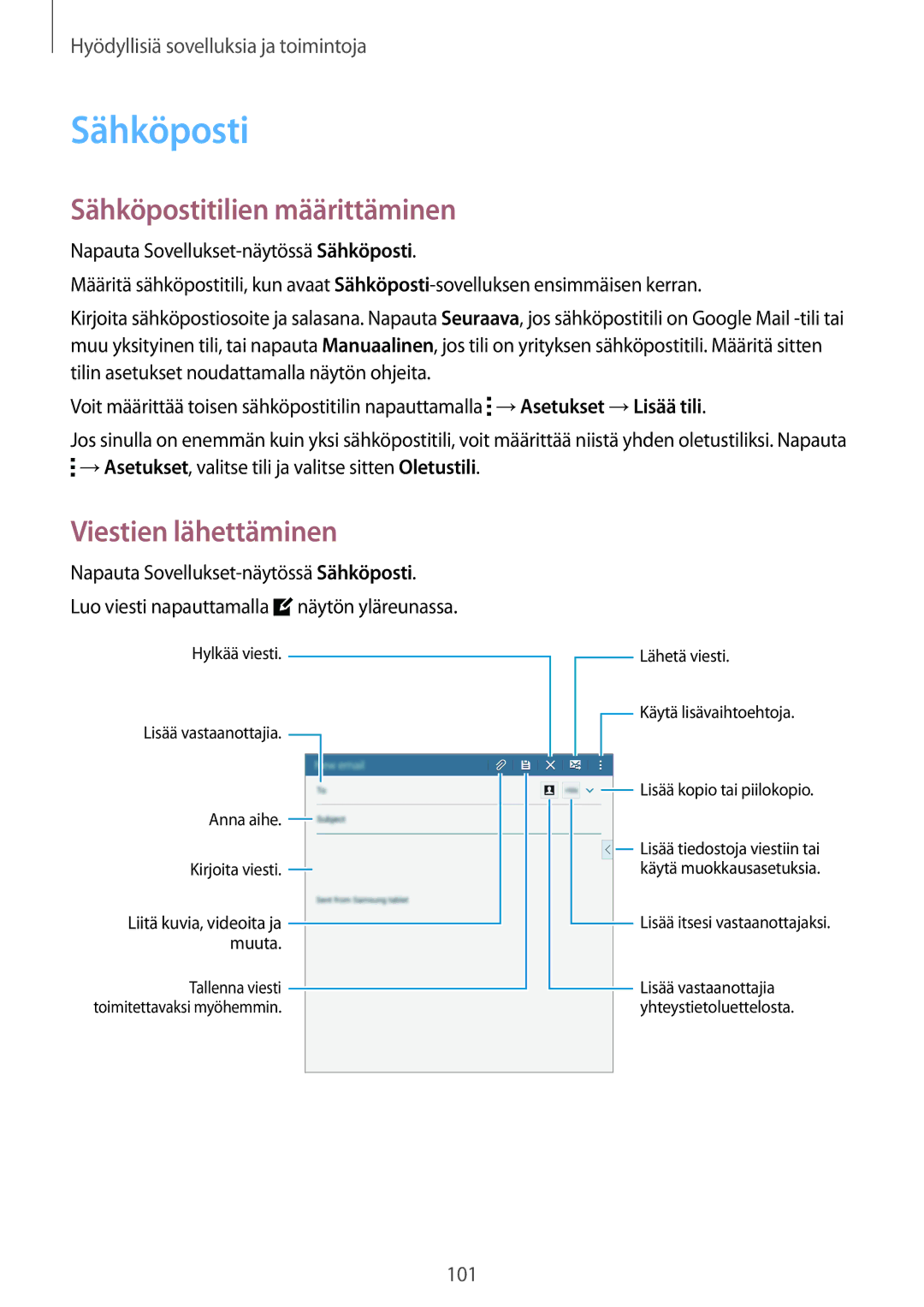 Samsung SM-T700NZWANEE, SM-T700NTSANEE, SM-T700NLSANEE manual Sähköpostitilien määrittäminen, Viestien lähettäminen 