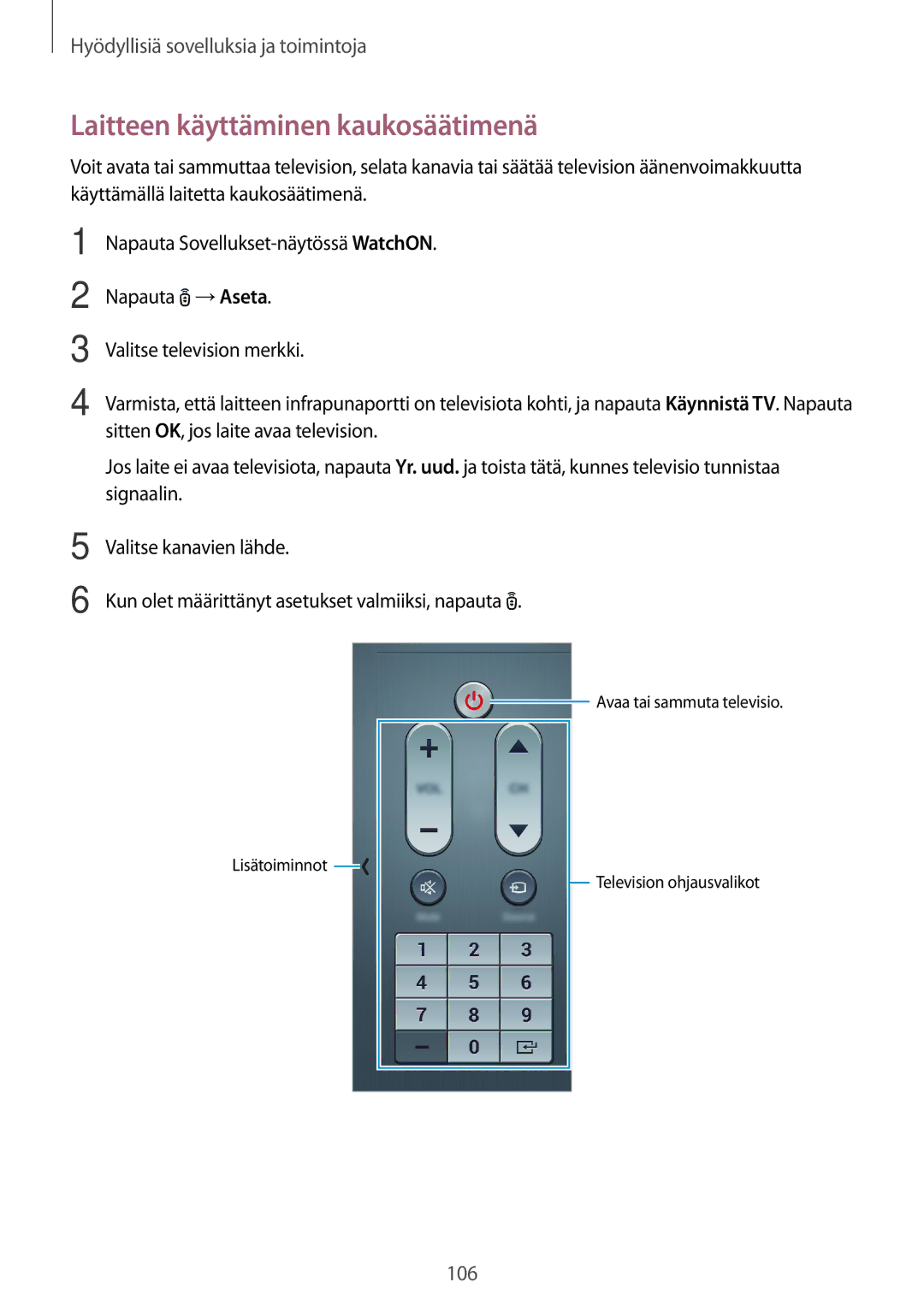 Samsung SM-T700NLSANEE, SM-T700NTSANEE, SM-T700NZWANEE, SM-T700NHAANEE manual Laitteen käyttäminen kaukosäätimenä 