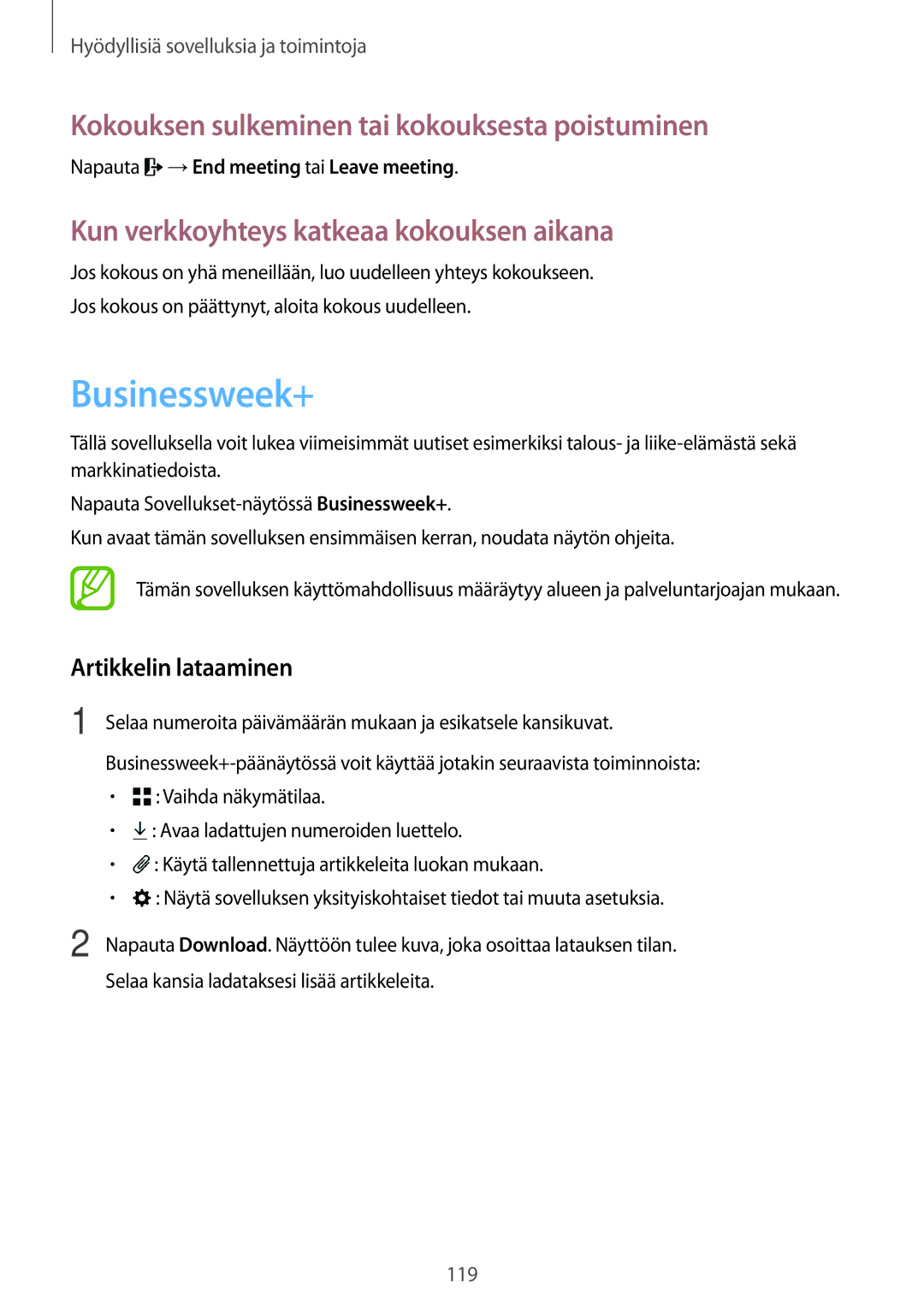 Samsung SM-T700NHAANEE manual Businessweek+, Kokouksen sulkeminen tai kokouksesta poistuminen, Artikkelin lataaminen 