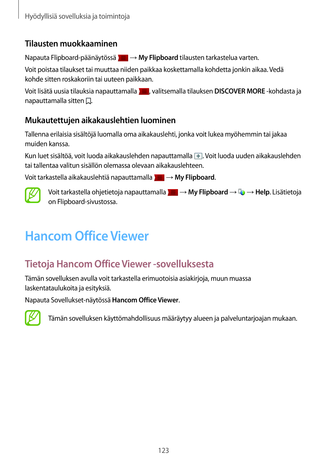 Samsung SM-T700NHAANEE, SM-T700NTSANEE manual Tietoja Hancom Office Viewer -sovelluksesta, Tilausten muokkaaminen 