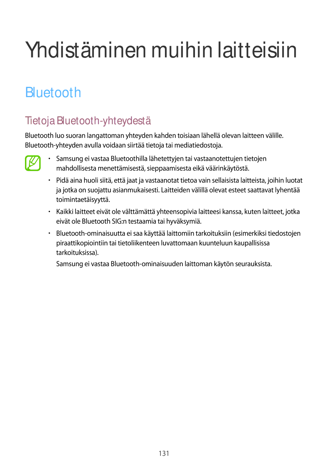 Samsung SM-T700NHAANEE, SM-T700NTSANEE, SM-T700NZWANEE, SM-T700NLSANEE manual Tietoja Bluetooth-yhteydestä 