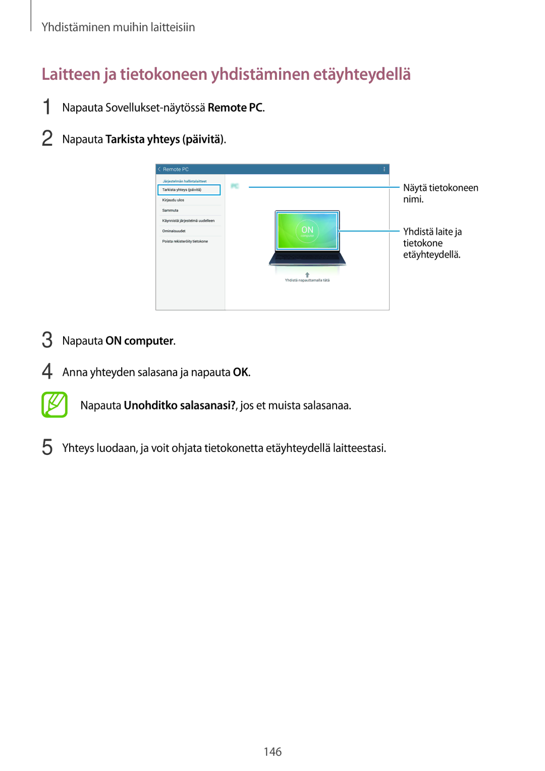 Samsung SM-T700NLSANEE manual Laitteen ja tietokoneen yhdistäminen etäyhteydellä, Napauta Sovellukset-näytössä Remote PC 