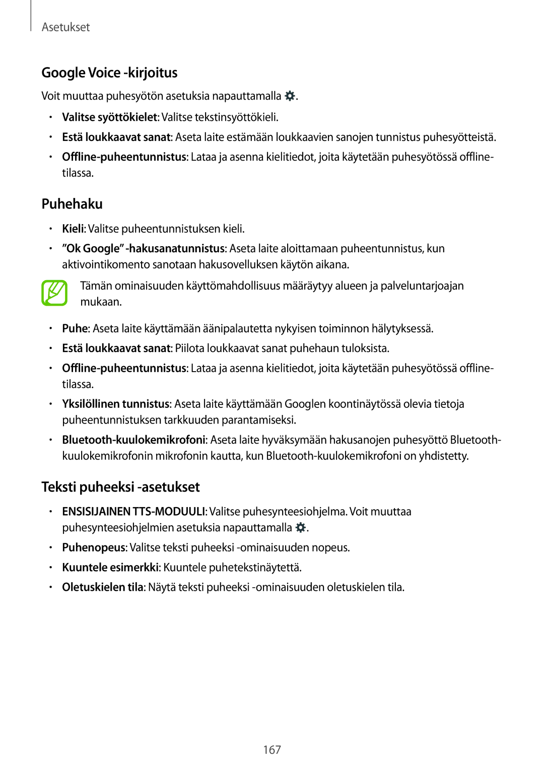 Samsung SM-T700NHAANEE manual Google Voice -kirjoitus, Teksti puheeksi -asetukset, Kieli Valitse puheentunnistuksen kieli 