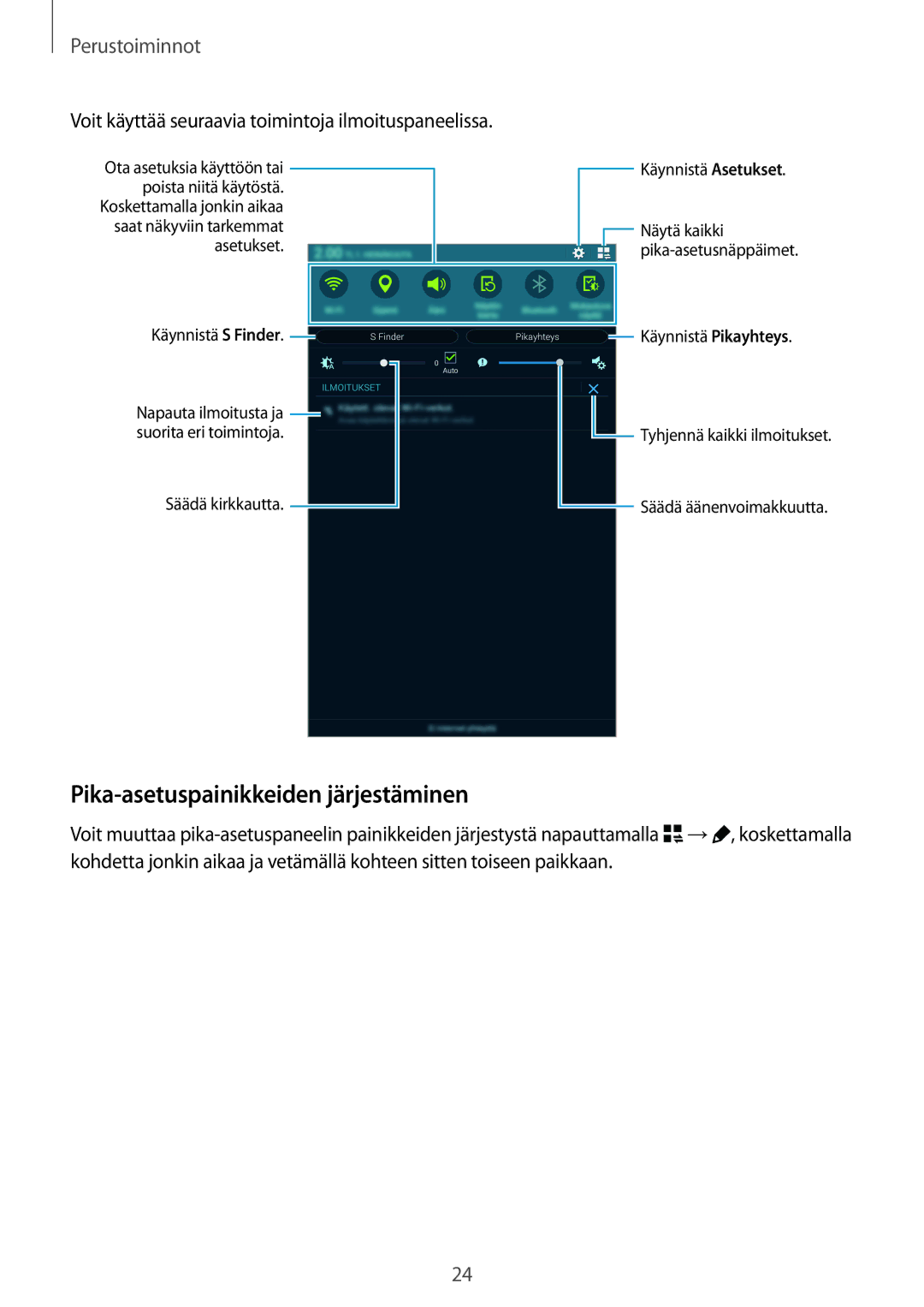 Samsung SM-T700NTSANEE manual Pika-asetuspainikkeiden järjestäminen, Voit käyttää seuraavia toimintoja ilmoituspaneelissa 