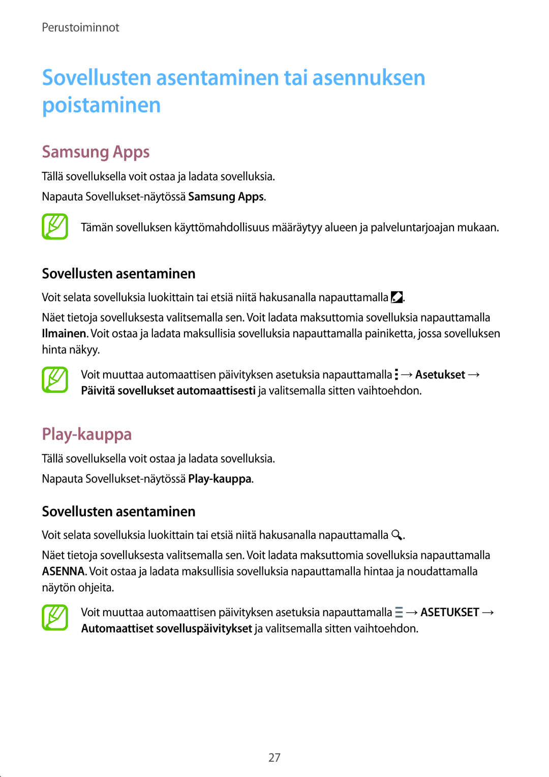 Samsung SM-T700NHAANEE, SM-T700NTSANEE manual Sovellusten asentaminen tai asennuksen poistaminen, Samsung Apps, Play-kauppa 