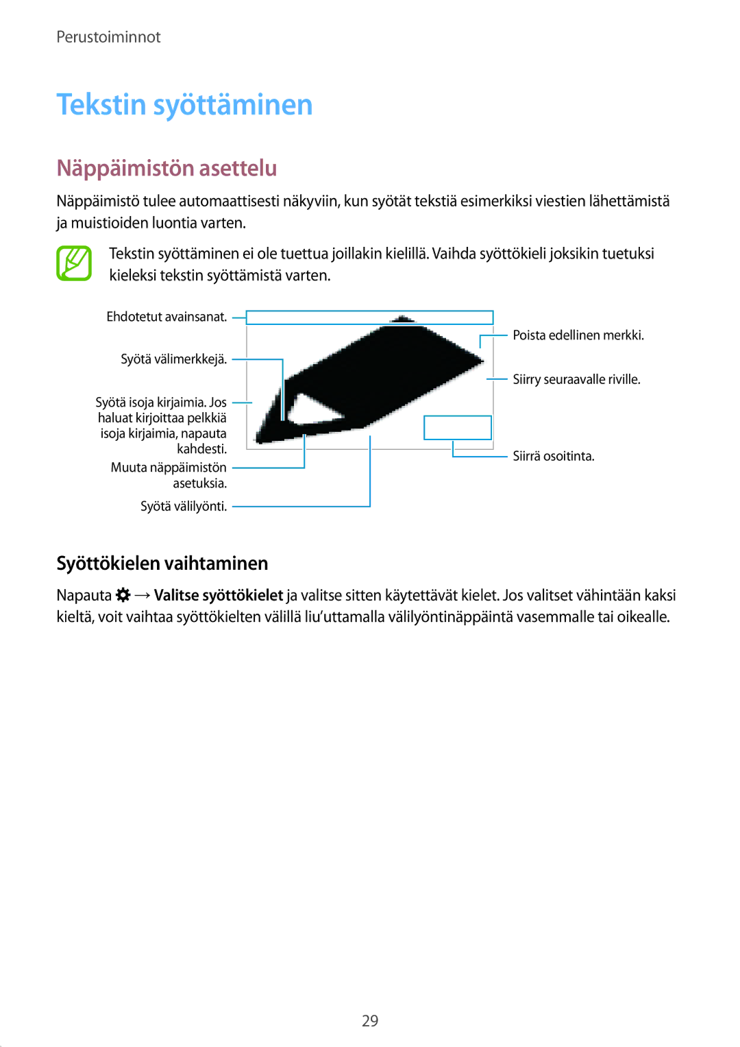 Samsung SM-T700NZWANEE, SM-T700NTSANEE, SM-T700NLSANEE Tekstin syöttäminen, Näppäimistön asettelu, Syöttökielen vaihtaminen 