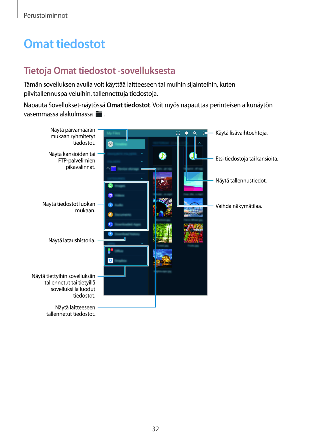 Samsung SM-T700NTSANEE, SM-T700NZWANEE, SM-T700NLSANEE, SM-T700NHAANEE manual Tietoja Omat tiedostot -sovelluksesta 