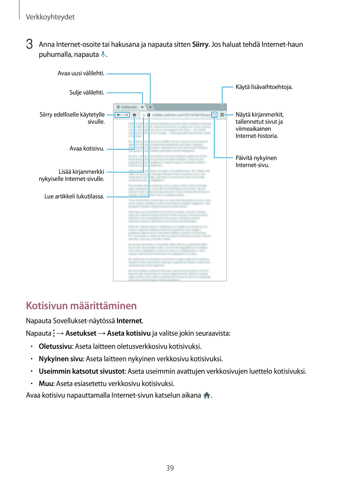 Samsung SM-T700NHAANEE, SM-T700NTSANEE, SM-T700NZWANEE, SM-T700NLSANEE manual Kotisivun määrittäminen 