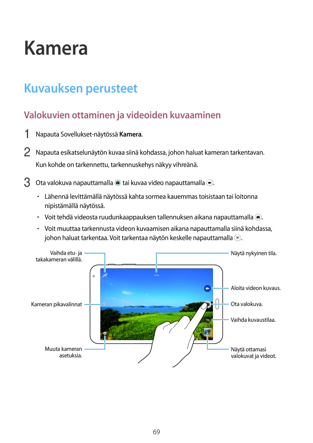 Samsung SM-T700NZWANEE, SM-T700NTSANEE manual Kamera, Kuvauksen perusteet, Valokuvien ottaminen ja videoiden kuvaaminen 