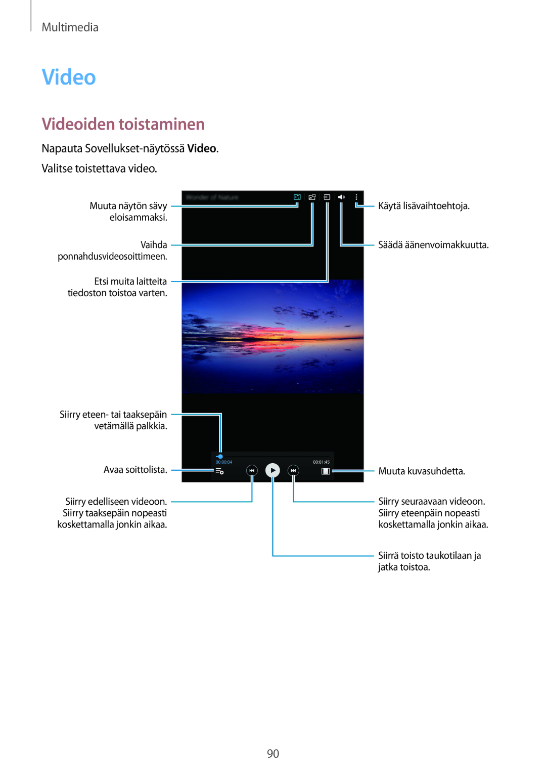 Samsung SM-T700NLSANEE, SM-T700NTSANEE, SM-T700NZWANEE, SM-T700NHAANEE manual Videoiden toistaminen 