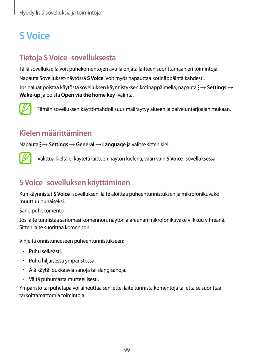 Samsung SM-T700NHAANEE manual Tietoja S Voice -sovelluksesta, Kielen määrittäminen, Voice -sovelluksen käyttäminen 