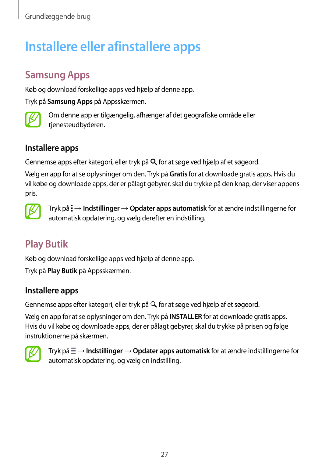 Samsung SM-T700NHAANEE, SM-T700NTSANEE manual Installere eller afinstallere apps, Samsung Apps, Play Butik, Installere apps 
