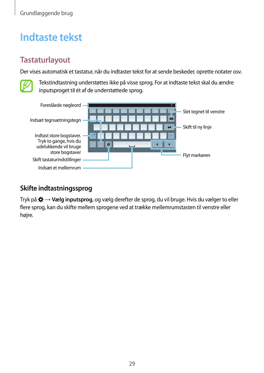 Samsung SM-T700NZWANEE, SM-T700NTSANEE, SM-T700NLSANEE manual Indtaste tekst, Tastaturlayout, Skifte indtastningssprog 