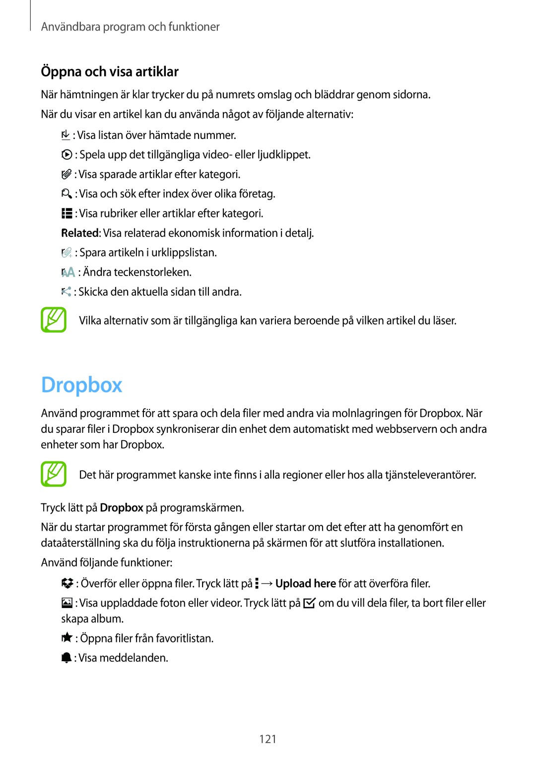Samsung SM-T700NZWANEE, SM-T700NTSANEE, SM-T700NLSANEE, SM-T700NHAANEE manual Dropbox, Öppna och visa artiklar 