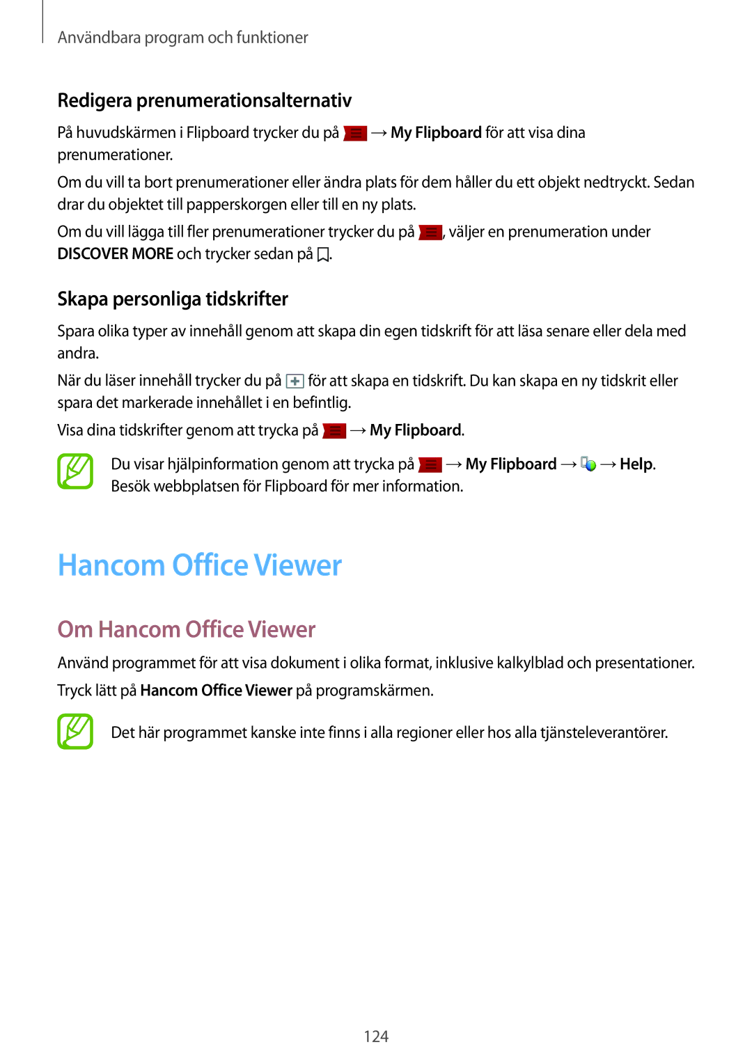 Samsung SM-T700NTSANEE manual Om Hancom Office Viewer, Redigera prenumerationsalternativ, Skapa personliga tidskrifter 