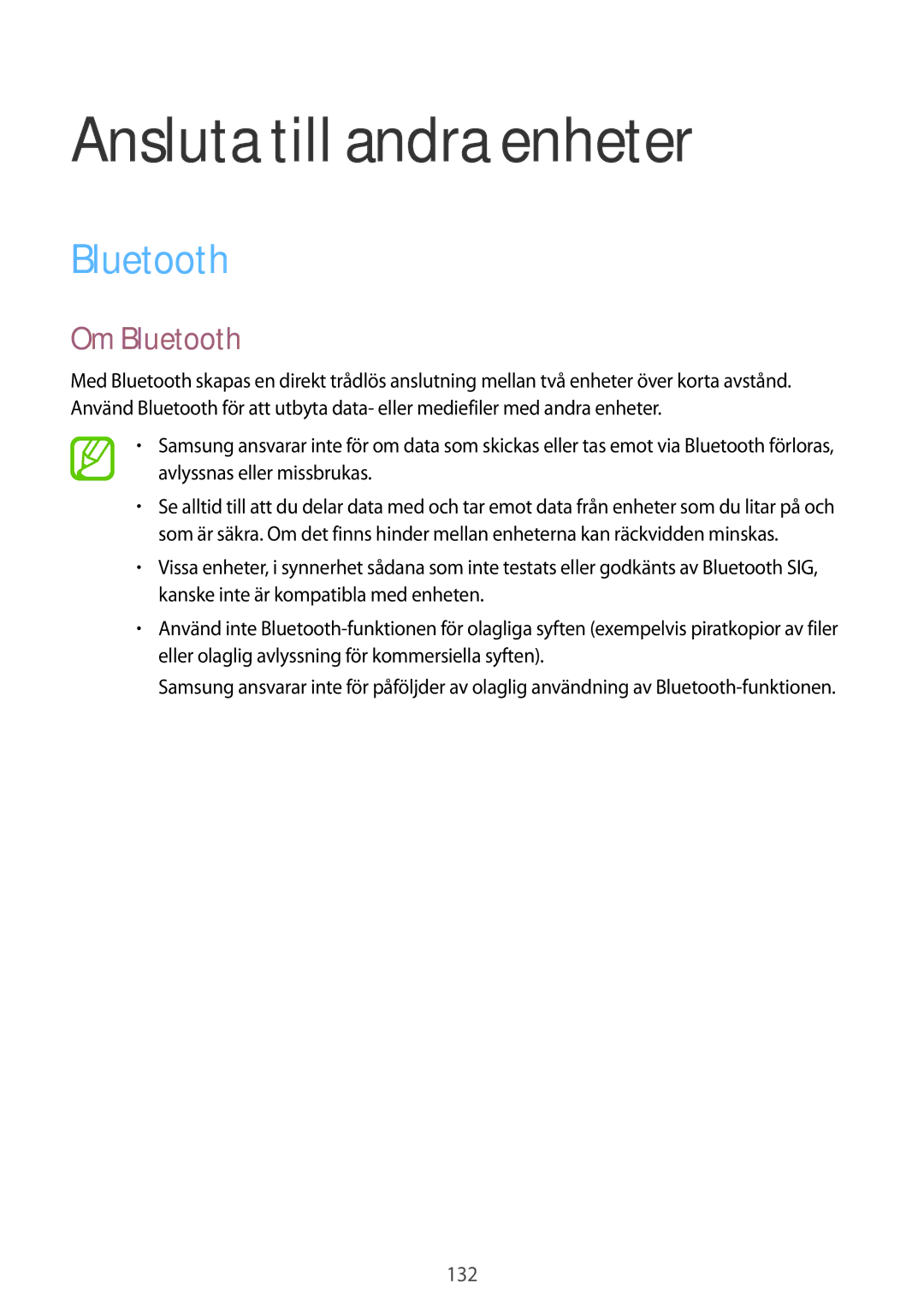 Samsung SM-T700NTSANEE, SM-T700NZWANEE, SM-T700NLSANEE, SM-T700NHAANEE manual Ansluta till andra enheter, Om Bluetooth 