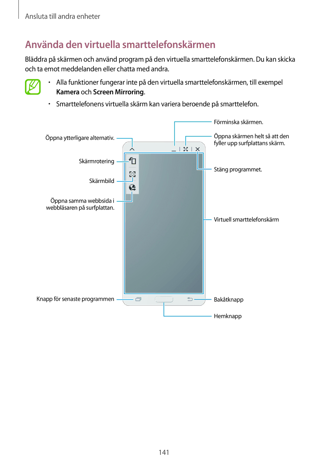 Samsung SM-T700NZWANEE, SM-T700NTSANEE, SM-T700NLSANEE, SM-T700NHAANEE manual Använda den virtuella smarttelefonskärmen 