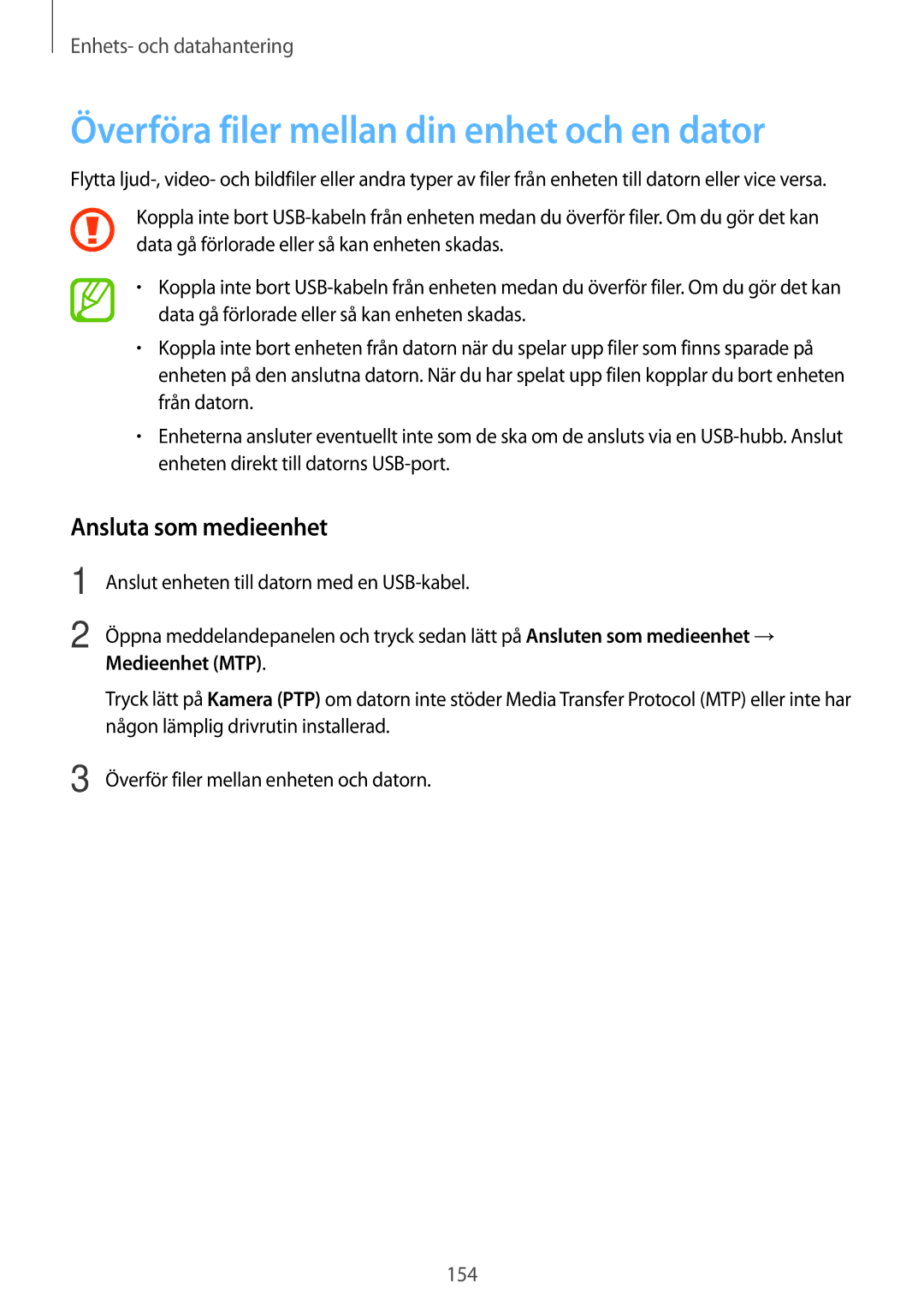 Samsung SM-T700NLSANEE manual Överföra filer mellan din enhet och en dator, Ansluta som medieenhet, Medieenhet MTP 