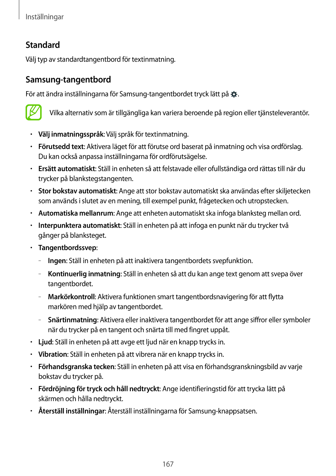 Samsung SM-T700NHAANEE Standard, Samsung-tangentbord, Välj typ av standardtangentbord för textinmatning, Tangentbordssvep 