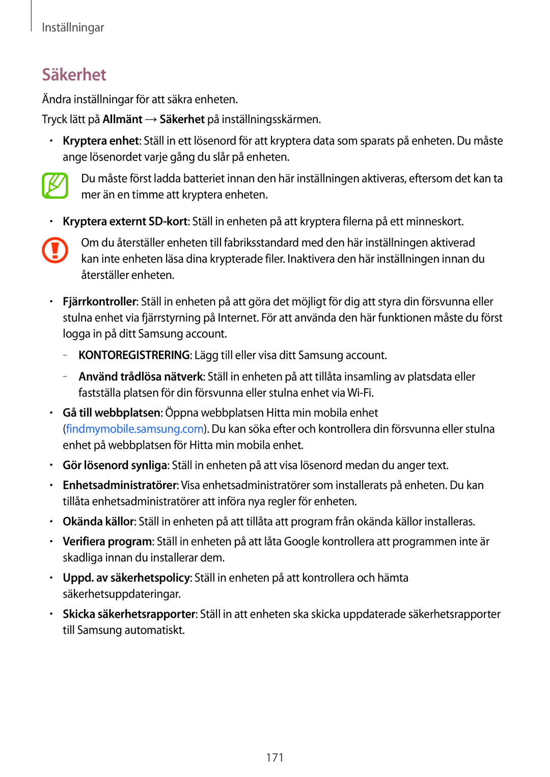 Samsung SM-T700NHAANEE, SM-T700NTSANEE, SM-T700NZWANEE, SM-T700NLSANEE manual Säkerhet 