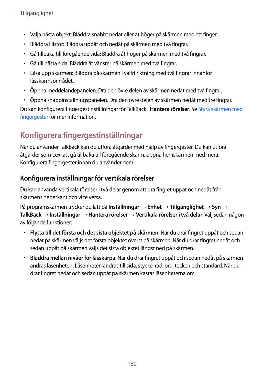 Samsung SM-T700NTSANEE manual Konfigurera fingergestinställningar, Konfigurera inställningar för vertikala rörelser 