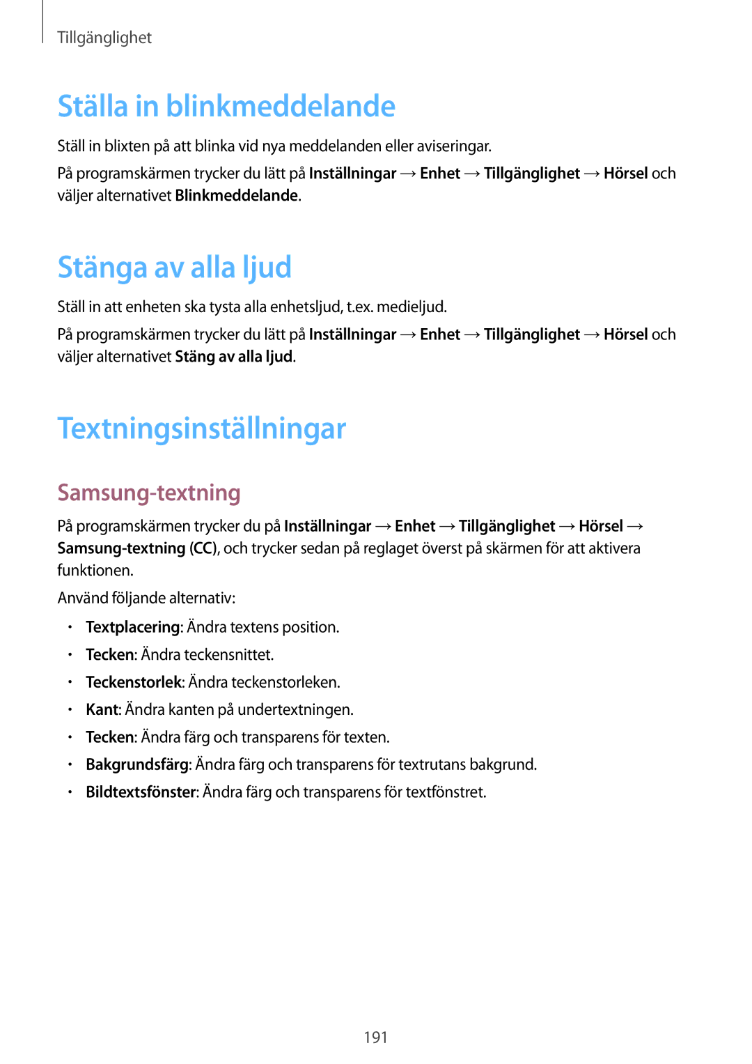 Samsung SM-T700NHAANEE manual Ställa in blinkmeddelande, Stänga av alla ljud, Textningsinställningar, Samsung-textning 