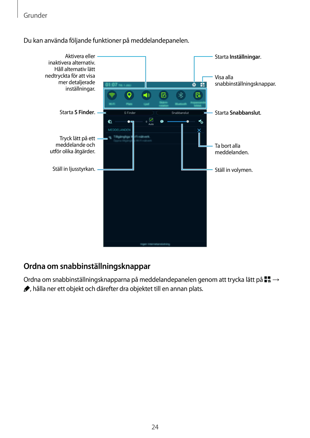 Samsung SM-T700NTSANEE manual Ordna om snabbinställningsknappar, Du kan använda följande funktioner på meddelandepanelen 